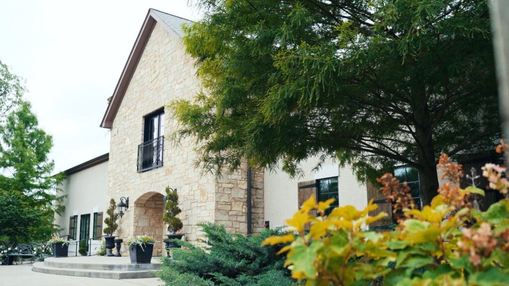 Silver Oaks Chateau wedding venue near St. Louis featuring European stone architecture and garden courtyard